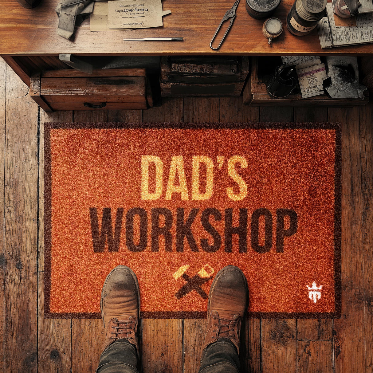 Matsmiths Dad’s Workshop Washable Indoor Mat with Rubber Backing, Large Funny Door Mat for Entryway, Workshops, Man Caves, Bars, Non-Slip Area Rug and Mat, Washable Entryway Rug, Pet Friendly, Kid Friendly, Brown, 28” x 20”