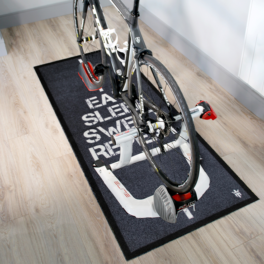 Matsmiths Exercise Floor Mat Washable Equipment Mat with Non-Slip Rubber Backing, Sweat-Resistant, Protects Floors and Absorbs Sound in Home Gyms, Bedrooms, Living Rooms, Man Caves, EAT, SLEEP, SWEAT, REPEAT Design, Black and White, 29” x 70