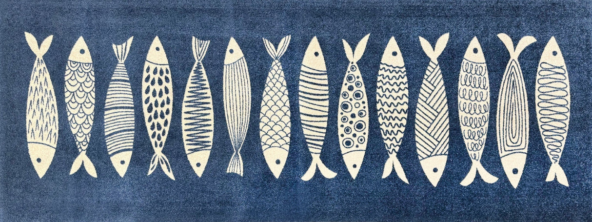 Matsmiths Fish Tango Floor Mats Washable Indoor Mat with Rubber Backing, Large Door Mat for Entryway, Workshops, Man Caves, Bars, Non-Slip Area Rug and Mat, Washable Entryway Rug, Pet Friendly, Kid Friendly, Navy, Cream, 27.5"x75"