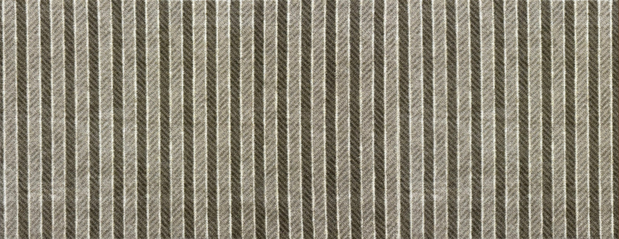 Textured carpet with a striped pattern in shades of gray, green, taupe and cream. Size Runner