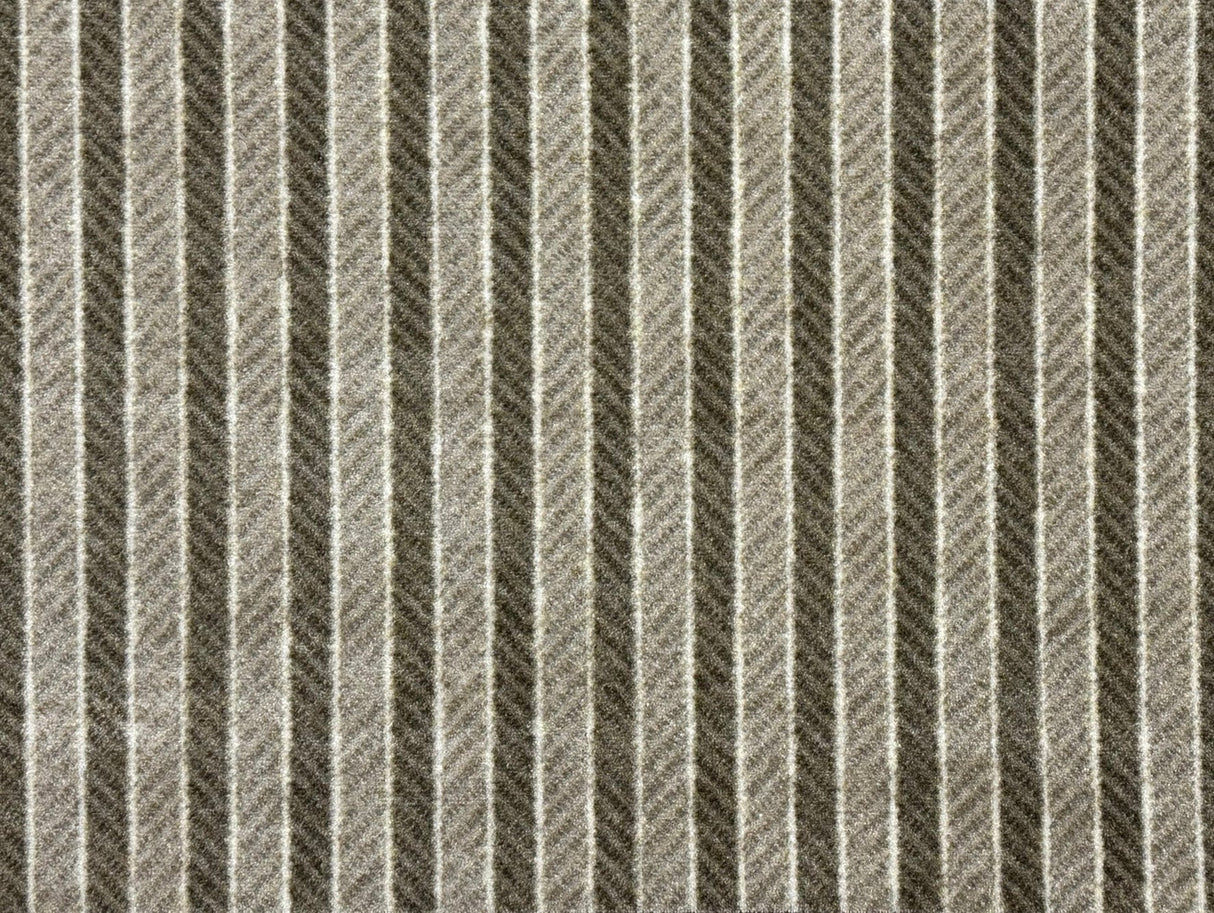 Textured carpet with a striped pattern in shades of gray, green, taupe and cream. Size Standard