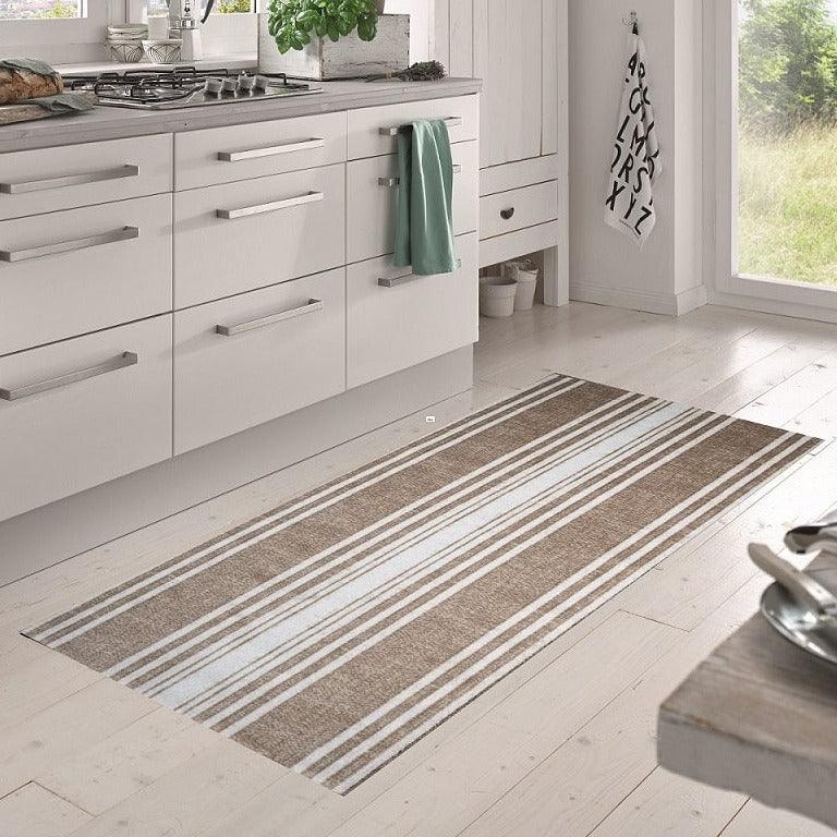 Matsmiths Linen Striped Floor Mats Washable Indoor Mat with Rubber Backing, Large Door Mat for Entryway, Workshops, Man Caves, Bars, Non-Slip Area Rug and Mat, Washable Entryway Rug, Pet Friendly, Kid Friendly, Neutral, Taupe, white, 24"x35", 27.5"x75"