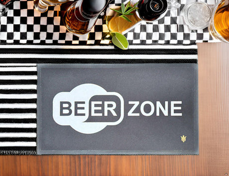 Matsmiths Beer Zone Washable Bar Runner with Rubber Backing, Indoor Mat for Bars, Countertops, Tables, Man Caves, Non-Slip Bar Mat, Washable Bar Runner, Black and White, 9” x 16”
