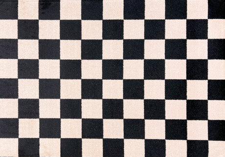 Close-up of a checkered pattern Floor Mat with black and cream squares