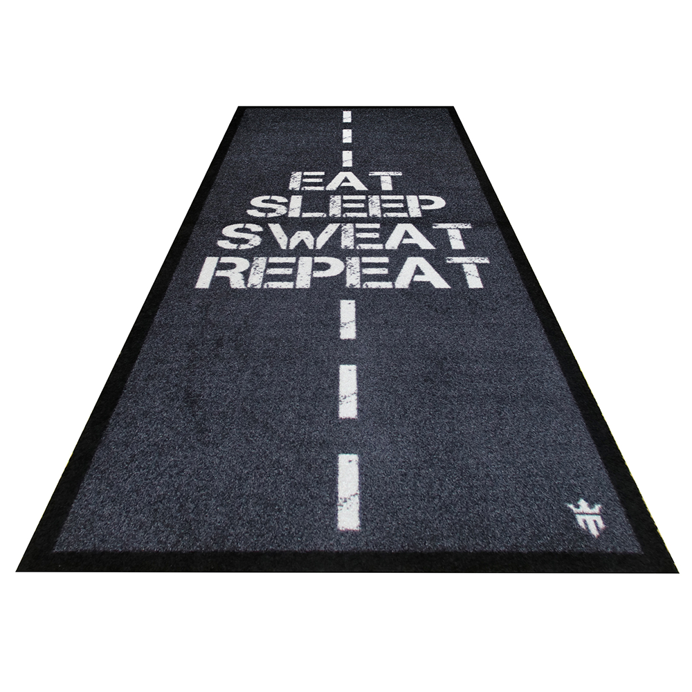 Matsmiths Exercise Floor Mat Washable Equipment Mat with Non-Slip Rubber Backing, Sweat-Resistant, Protects Floors and Absorbs Sound in Home Gyms, Bedrooms, Living Rooms, Man Caves, EAT, SLEEP, SWEAT, REPEAT, Black and White, 29” x 70