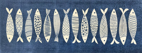 Matsmiths Fish Tango Floor Mats Washable Indoor Mat with Rubber Backing, Large Door Mat for Entryway, Workshops, Man Caves, Bars, Non-Slip Area Rug and Mat, Washable Entryway Rug, Pet Friendly, Kid Friendly, Navy, Cream, 27.5"x75"