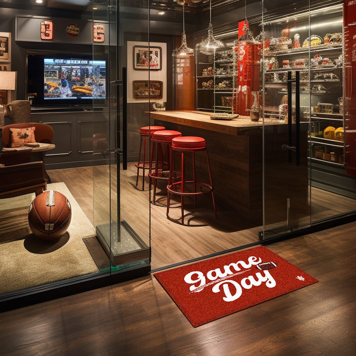 Matsmiths Game Day Washable Indoor Mat with Rubber Backing, Large Funny Door Mat for Entryways, Man Caves, Bar Areas, Basements, Non-Slip Area Rug and Mat, Washable Entryway Rug, Pet Friendly, Red, 28” x 20”