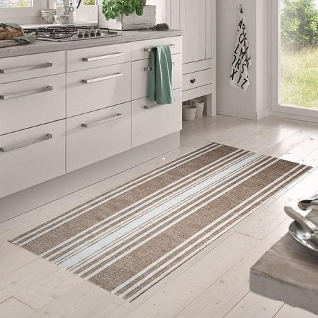 Matsmiths Linen Striped Floor Mats Washable Indoor Mat with Rubber Backing, Large Door Mat for Entryway, Workshops, Man Caves, Bars, Non-Slip Area Rug and Mat, Washable Entryway Rug, Pet Friendly, Kid Friendly, Neutral, Taupe, white, 24"x35", 27.5"x75"