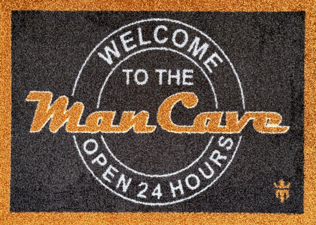 Matsmiths Man Cave Welcome Mat, Washable Indoor Mat with Rubber Backing, Large Funny Door Mat for Bars, Man Caves, Basements, Non-Slip Area Rug and Mat, Washable Entryway Rug, Pet Friendly, Black, Gold and White, 28” x 19”